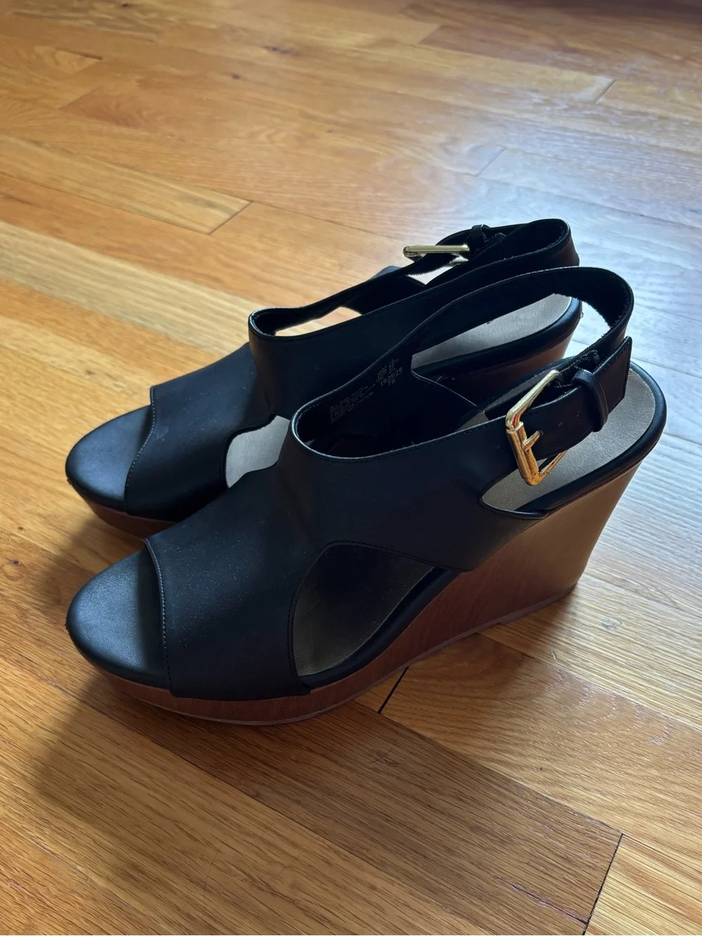 Black American Eagle Wedge Heels with Buckle Strap